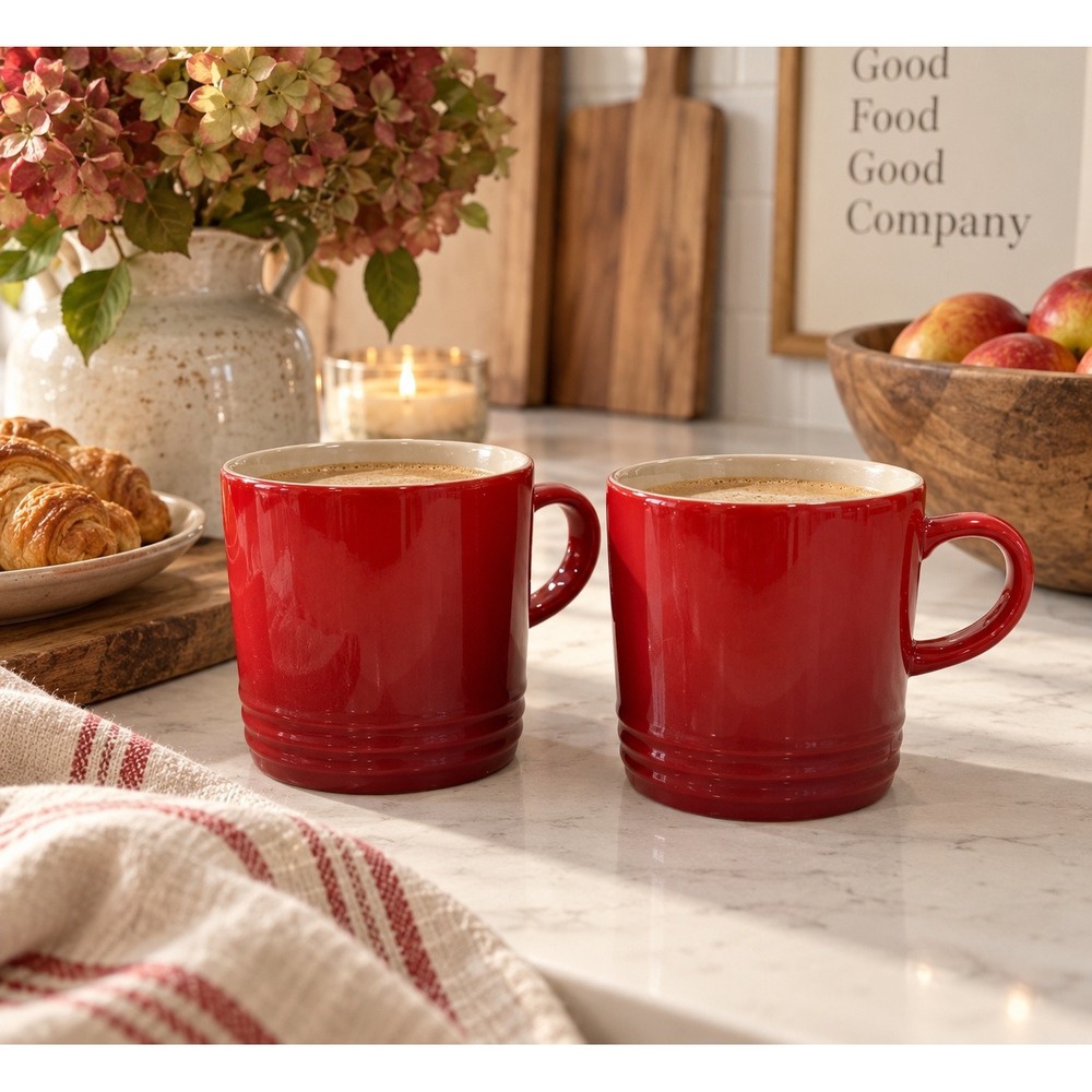 Le Creuset Cerise Red Stoneware Coffee Mug Set of 2 350ml 12oz Gradient Mugs